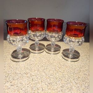VTG Kings Crown Thumbprint Cranberry Stemmed Short 5.75" Glass Goblets Set of 4